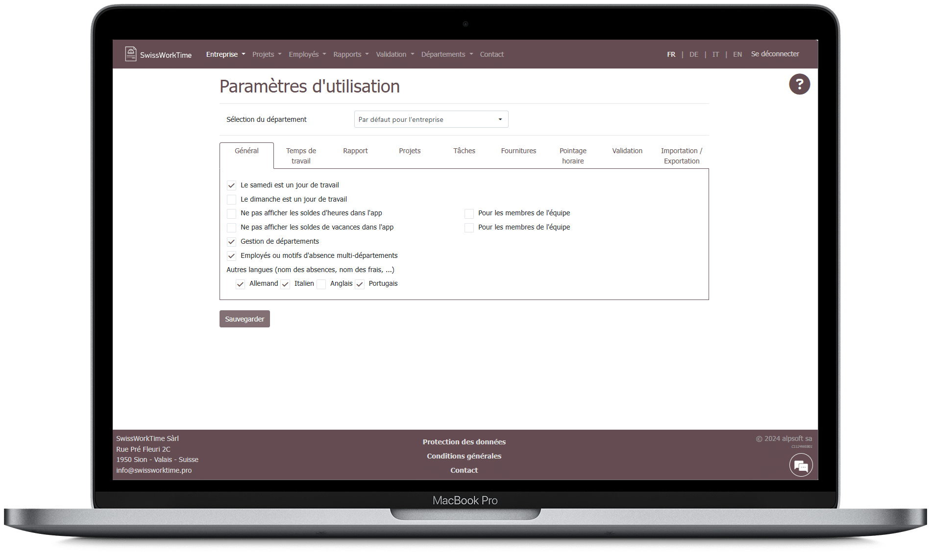 paramètre d'utilisation swissworktime
