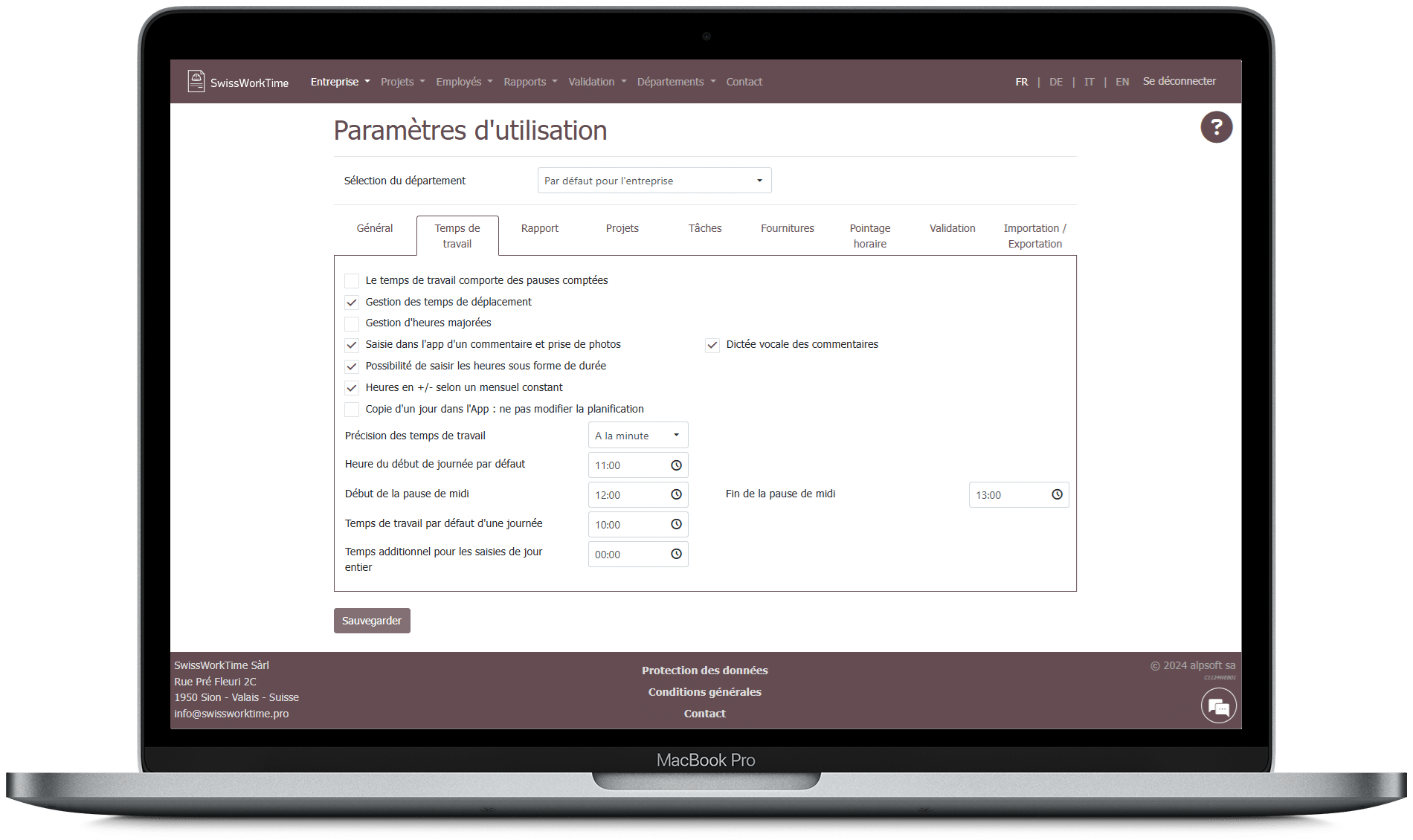paramètre d'utilisation swissworktime