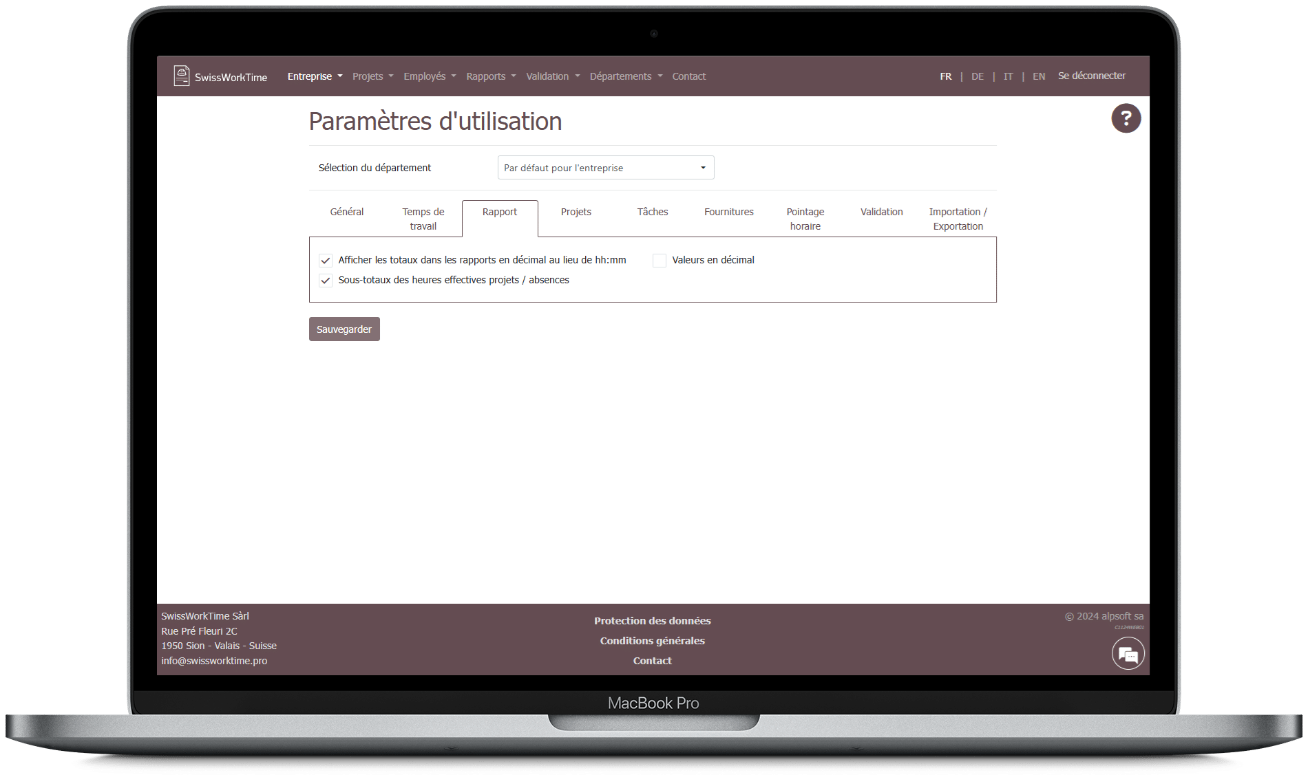 paramètre d'utilisation swissworktime