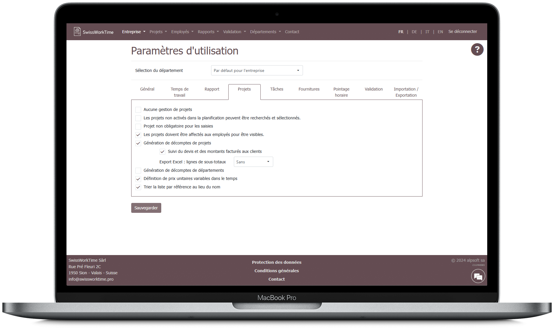 paramètre d'utilisation swissworktime